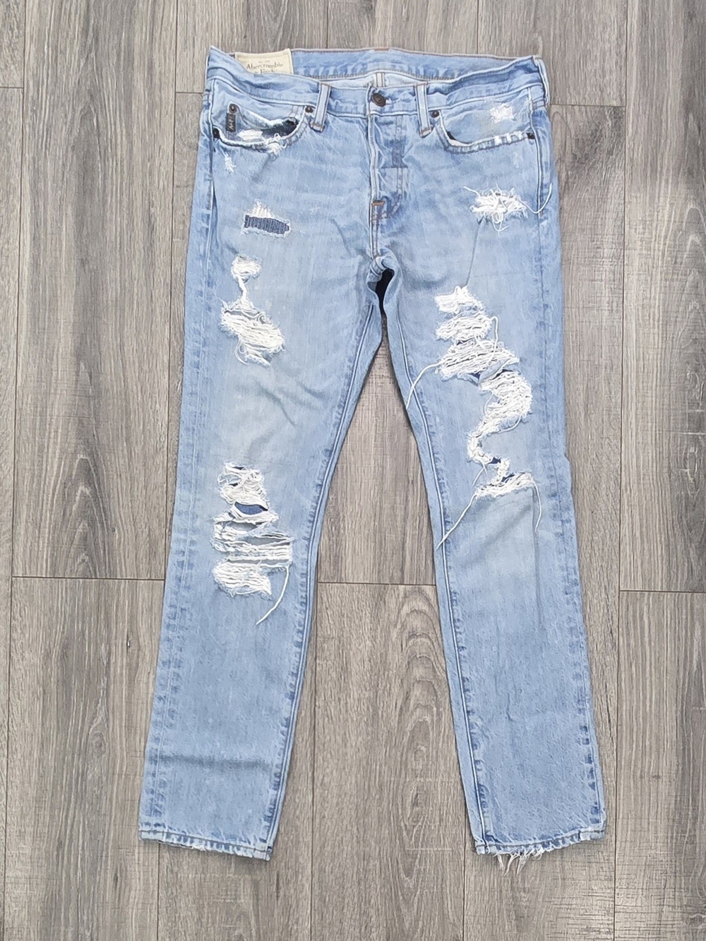 Abercrombie & Fitch W31 L30 Light Wash Heavily Distressed Button Fly Jeans